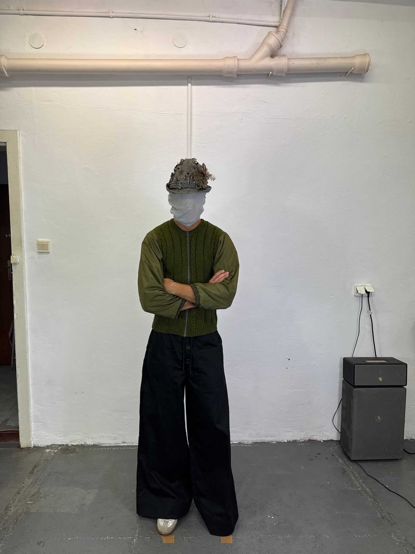 Hand-knit Wool Sweater With Nylon Military Sleeves
